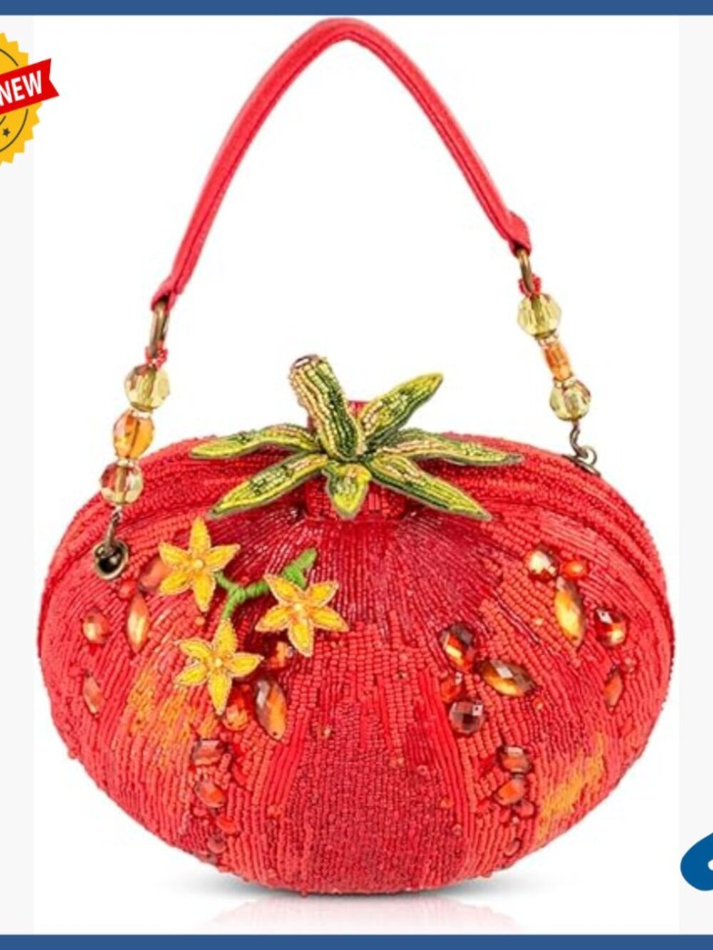 Hand-Beaded Tomato-Shaped Satchel with Floral Accents, Magnet Closure